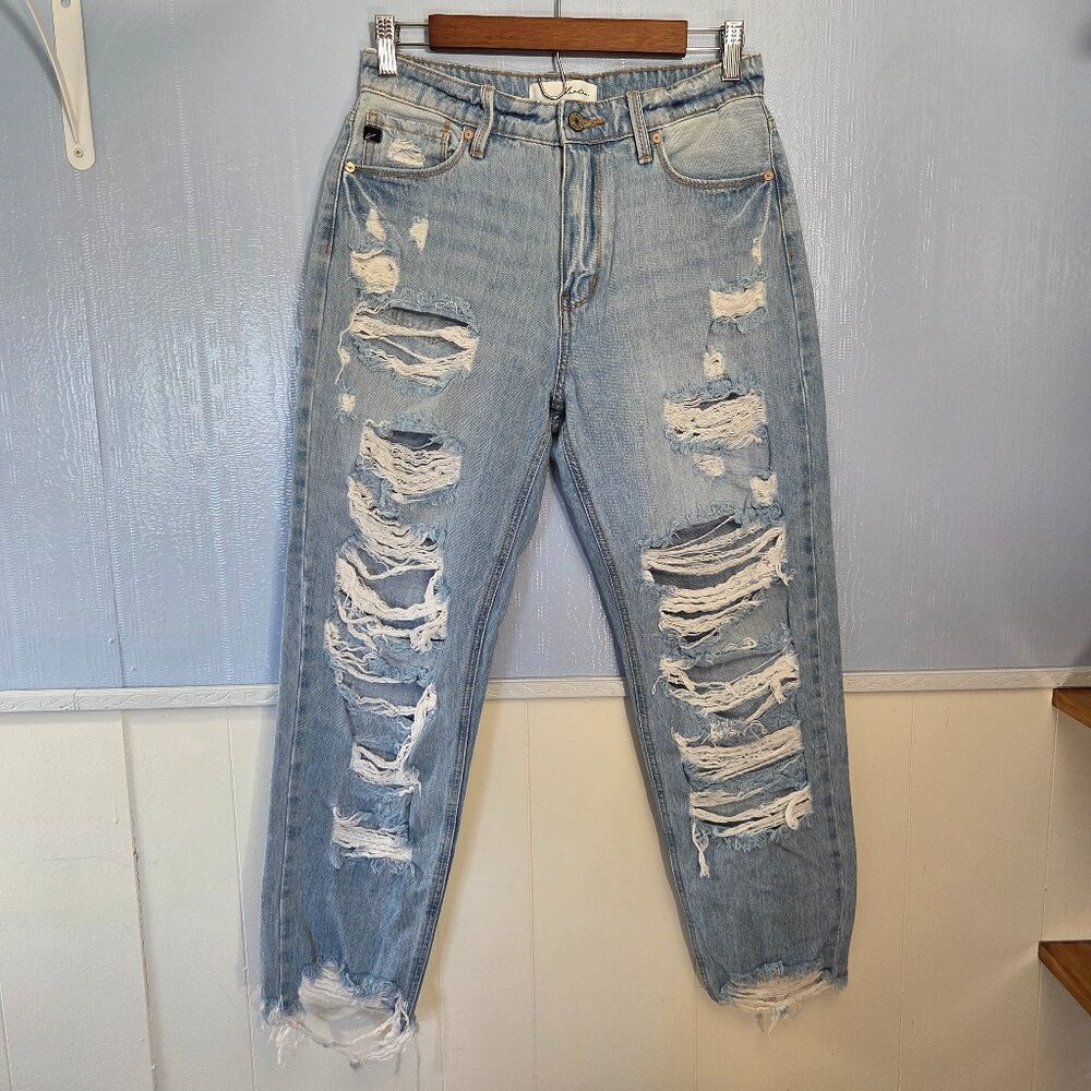 Kancan 7/27 Light Wash Ripped Distressed High-Rise Skinny Leg Mom Jeans